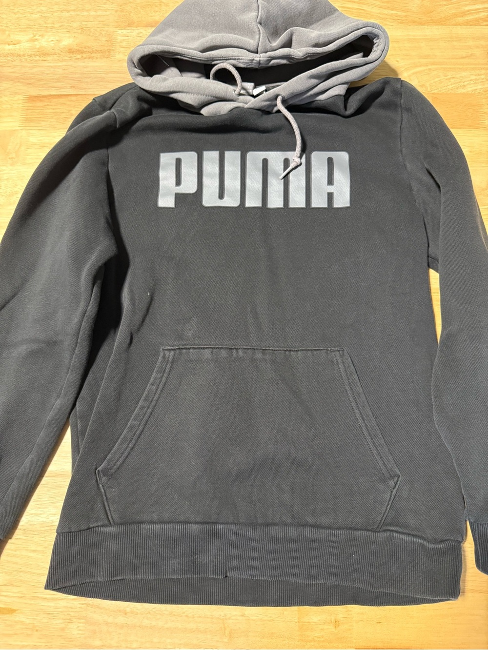 Puma Womens Small Hoodie Black Gray Pullover Sweatshirt Logo Pocket